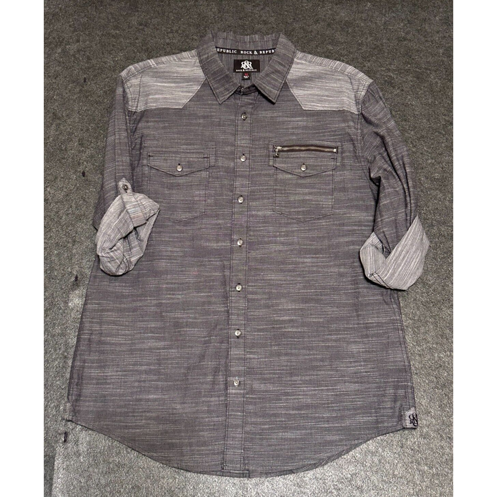 Rock and Republic Men Button Up Roll Tab Long Sleeve Shirt Black & Gray Size XL